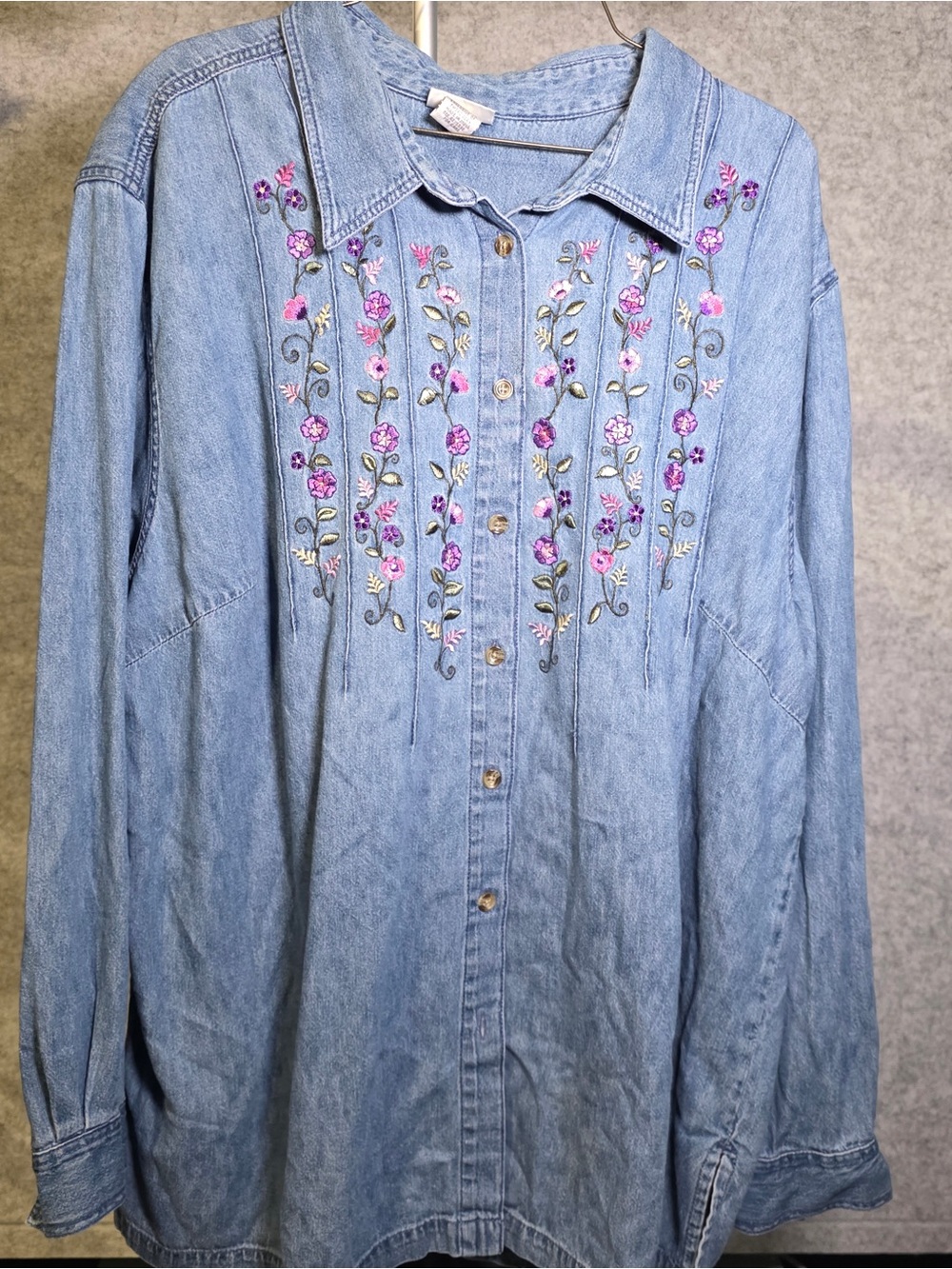 Fashion Bug Light Blue Denim Jacket with Pink Floral Embroidery
